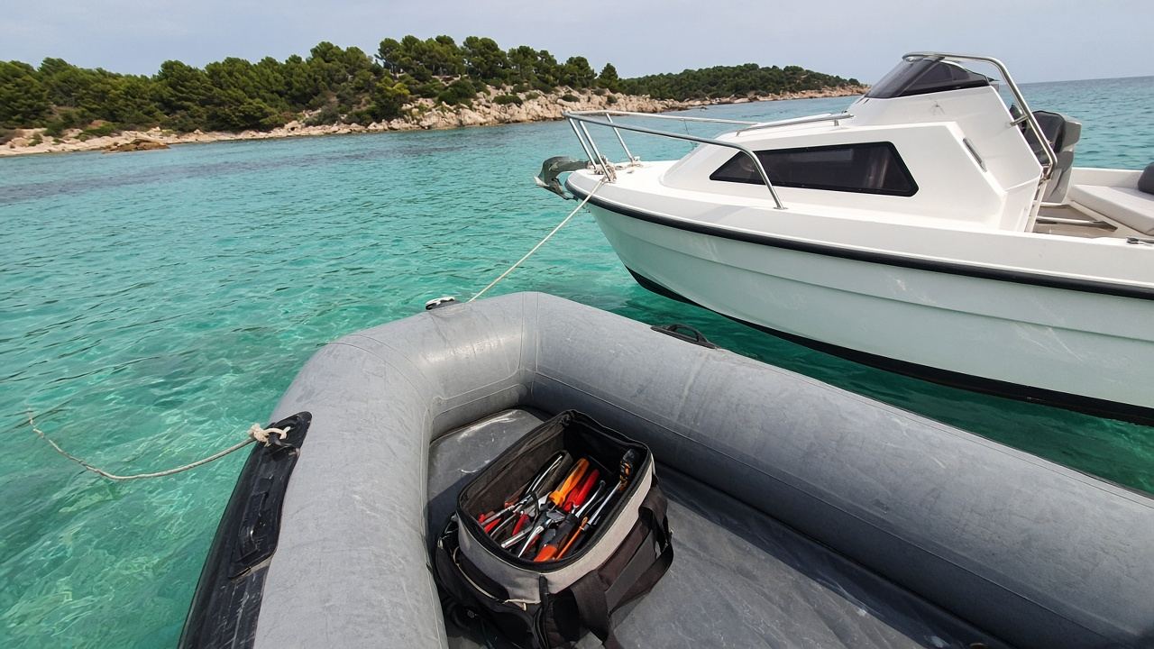Mécanicien bateau en annexe pour intervention aux îles de Lérins