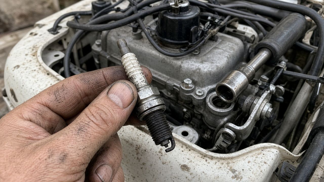 Bougie encrassée extraite d'un moteur hors-bord tenue entre deux doigts