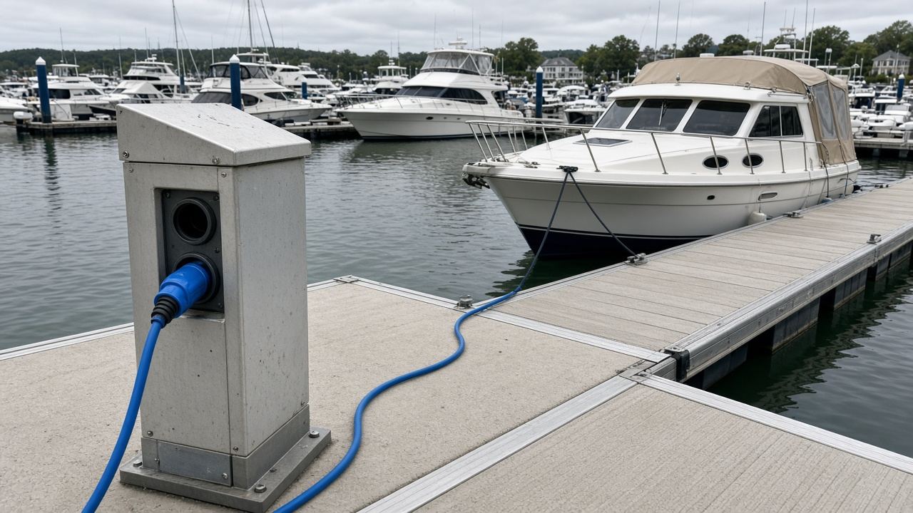 Chargeur batterie lithium bateau branché au quai
