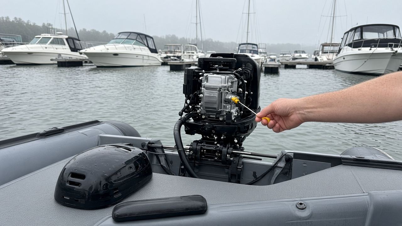 Capot déposé d'un moteur hors-bord sur un semi-rigide au port de Golfe-Juan