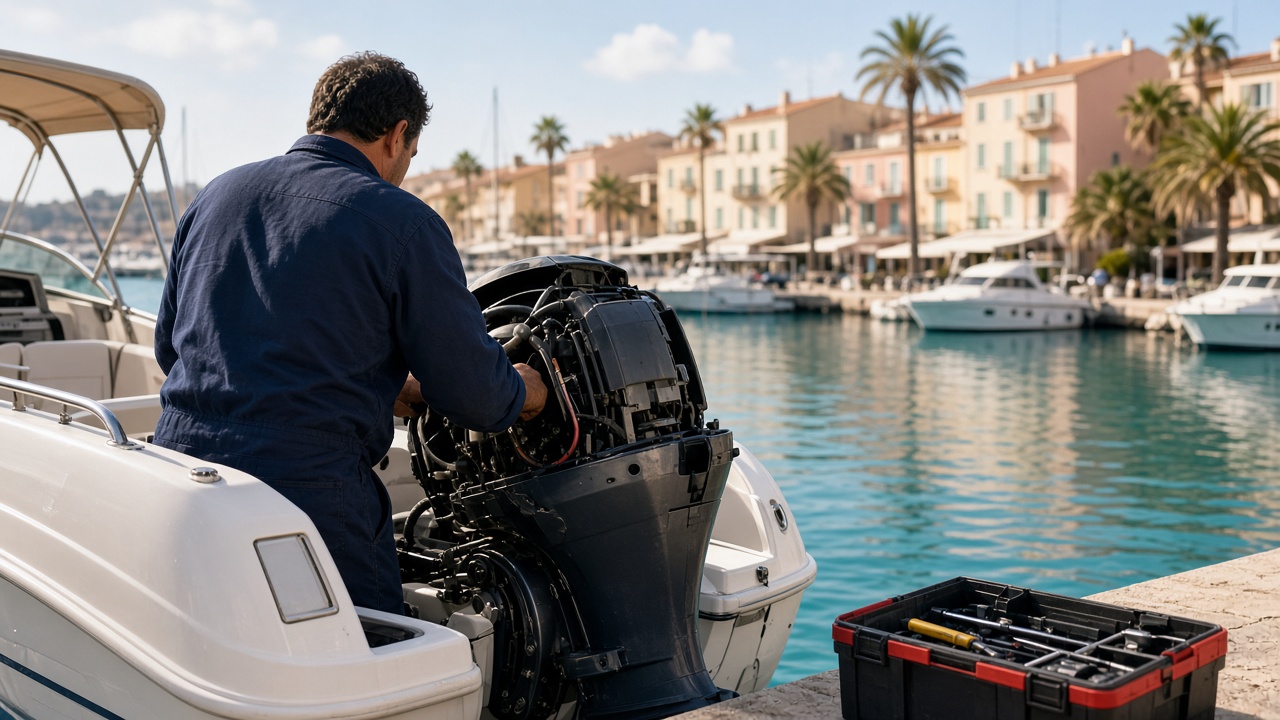 Révision d'un hors-bord sur un ponton de la Côte d'Azur, intervention type pour un bateau du Cros-de-Cagnes