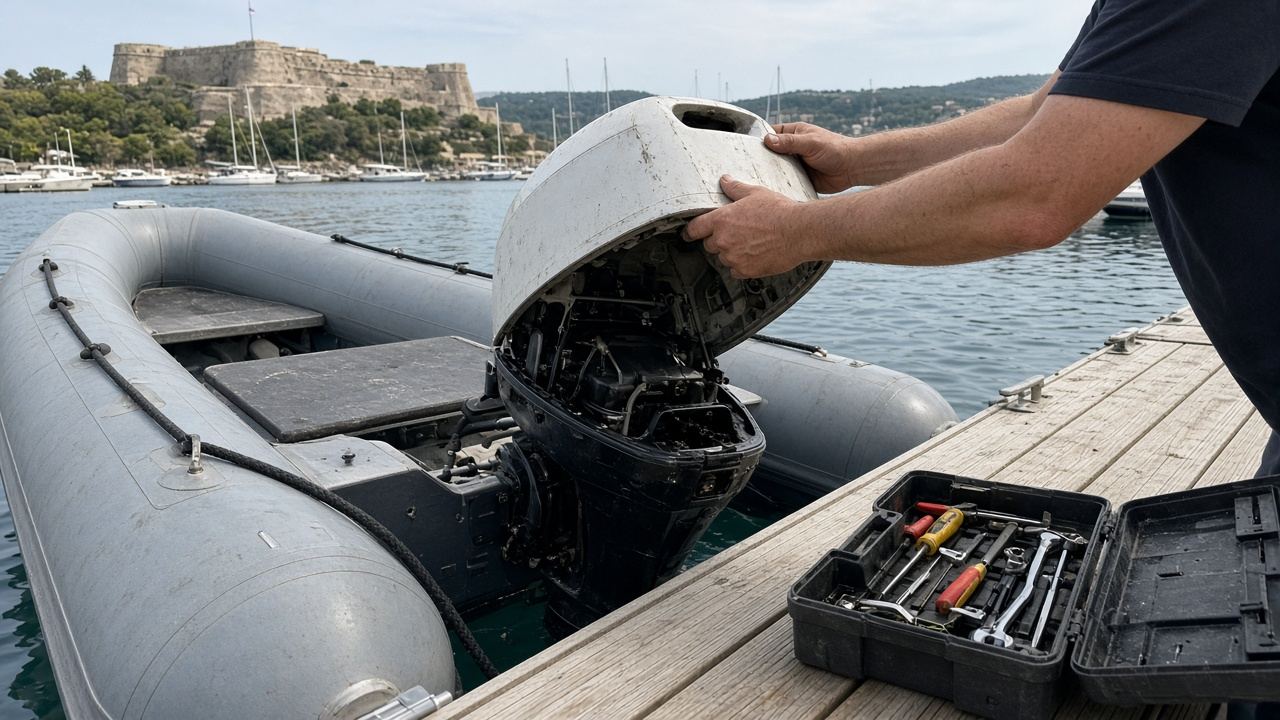 Mécanicien penché sur un hors-bord de semi-rigide amarré à un ponton du port Vauban