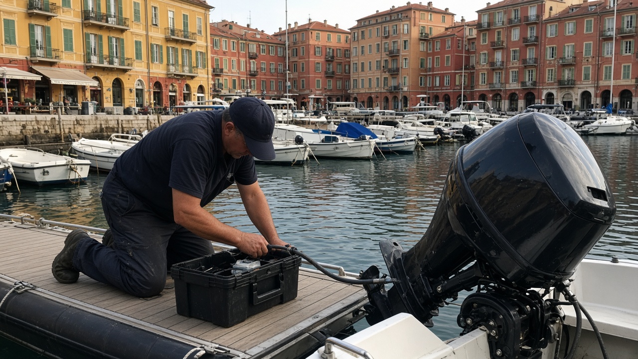 Vidange de moteur hors-bord sur un ponton à Nice
