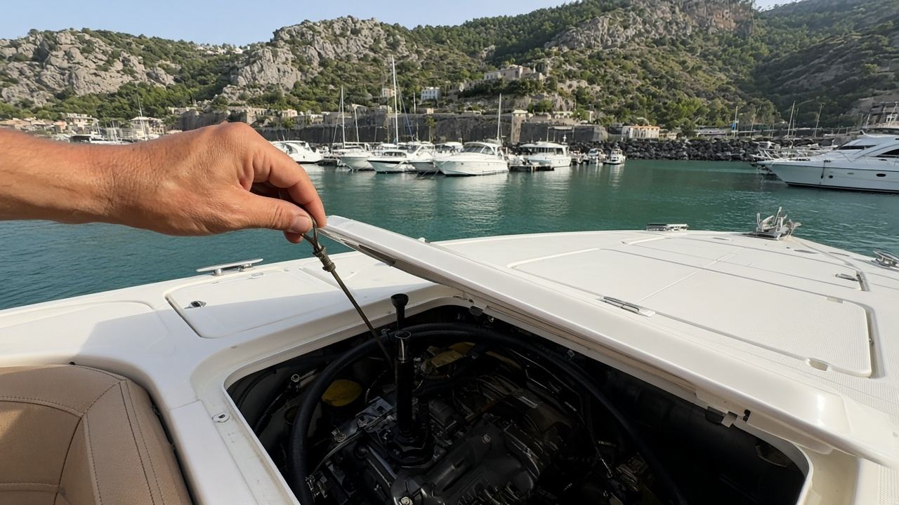 Contrôle des niveaux sur un day-cruiser amarré au port de Beaulieu
